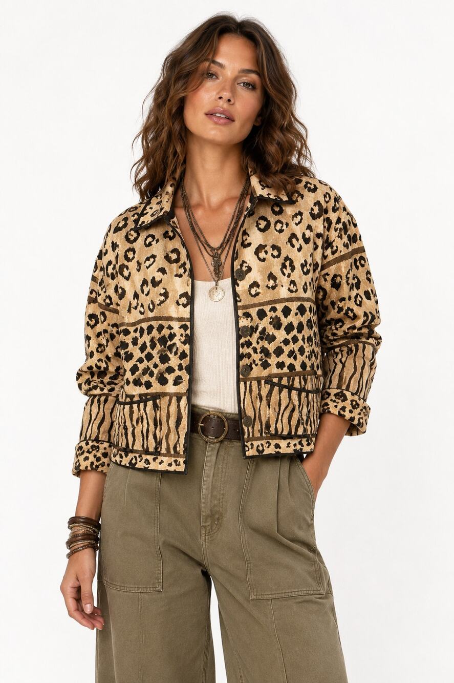 Y2K Jane Ashley Safari Mixed Animal Print Cropped Jacket Size S Boho Relaxed